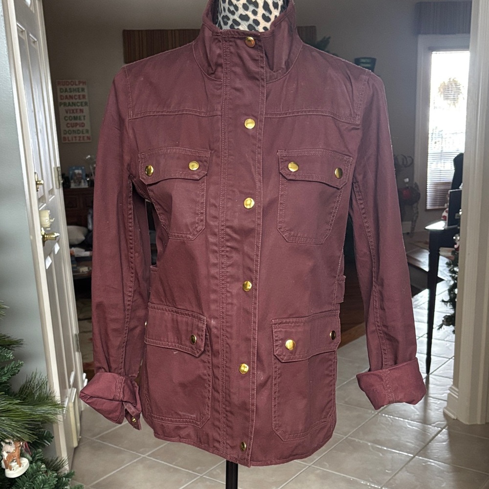 J Crew Women's Maroon Utility Jacket with Gold Accents